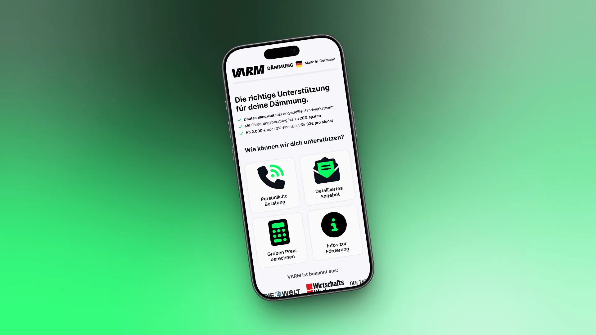 VARM Funnel – Startseite auf iPhone